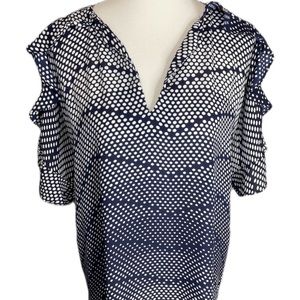 BANANA REPUBLIC SIZE LARGE NAVY BLUE WHITE POLKA DOT RUFFLE SLEEVE V NECK TOP